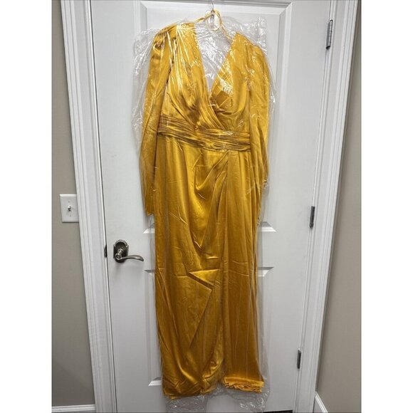 Mac Duggal Size 14 Yellow Mango 12404 Long Sleeve Satin Formal Gown Dress Prom - Picture 4 of 9